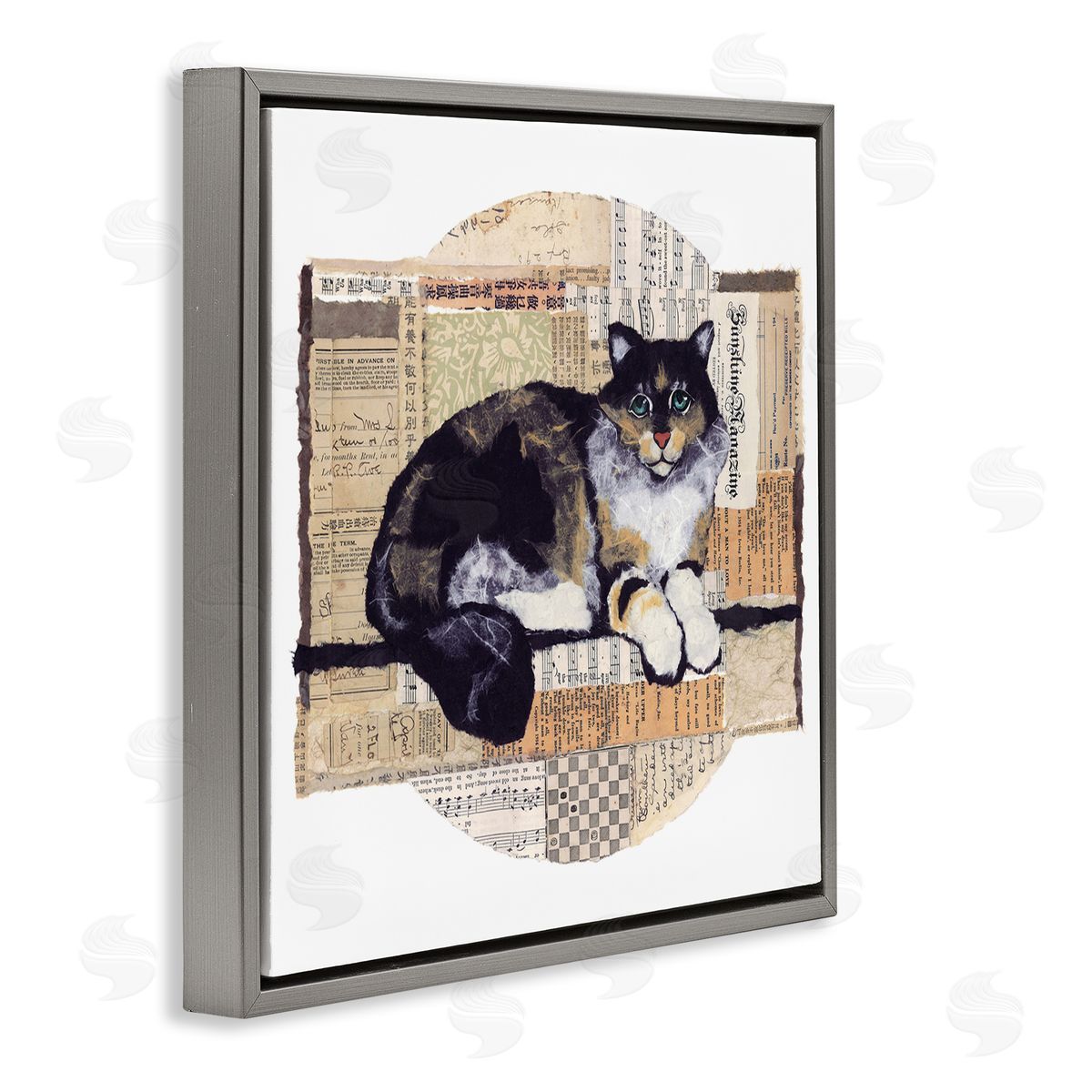 Cat with Vintage Collage Grey Floating Frame Canvas Wall Art, Home Decor by Nancy Overton