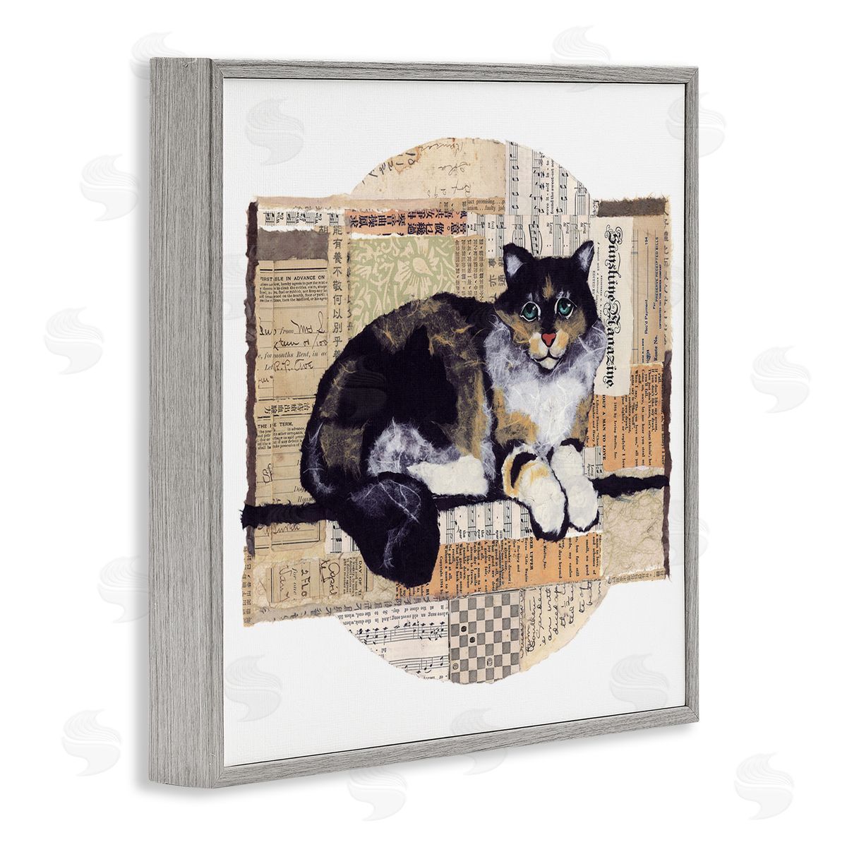 Cat with Vintage Collage Grey Frame Print Wall Art, Home Decor by Nancy Overton