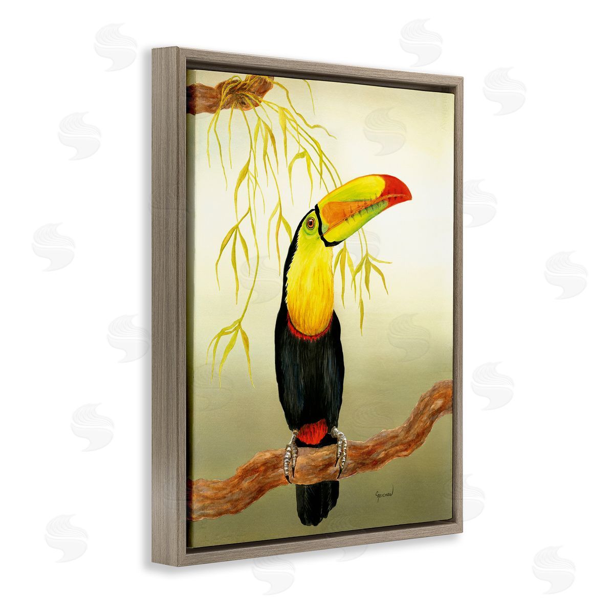One Toucan on Branch Brown Floating Frame Canvas Wall Art, Home Decor by Christine Reichow