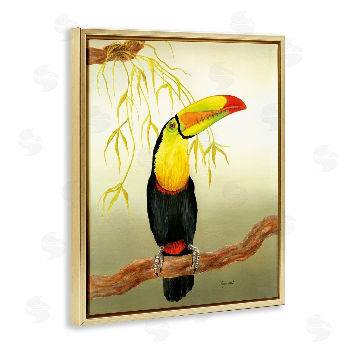 One Toucan on Branch Gold Floating Frame Canvas Wall Art, Home Decor by Christine Reichow