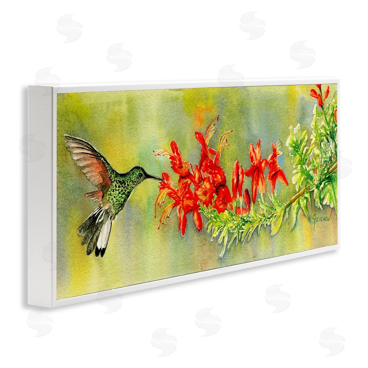 Quick Sip Hummingbird White Frame Print Wall Art, Home Decor by Christine Reichow