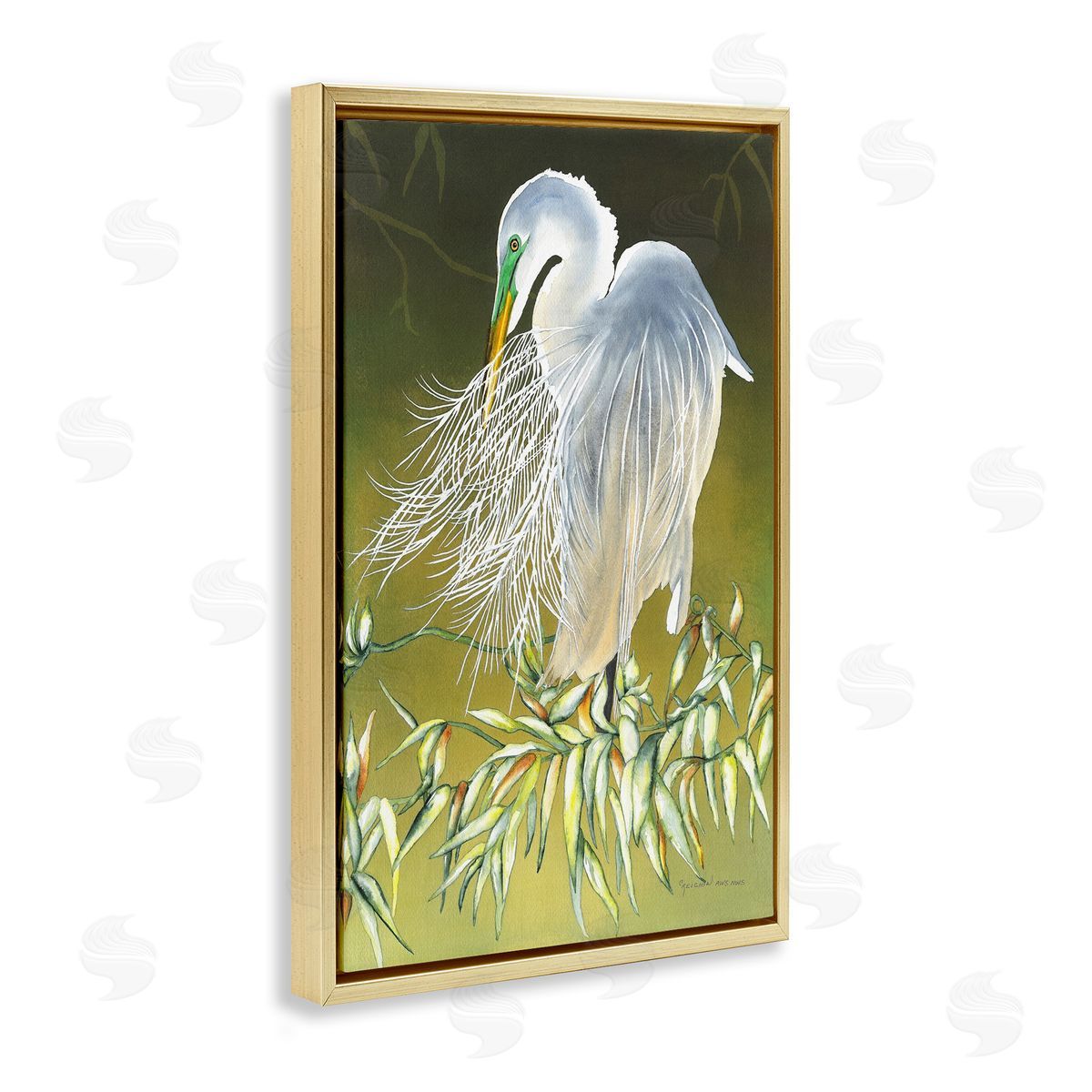 Heron with Detailed Feathers Gold Floating Frame Canvas Wall Art, Home Decor by Christine Reichow