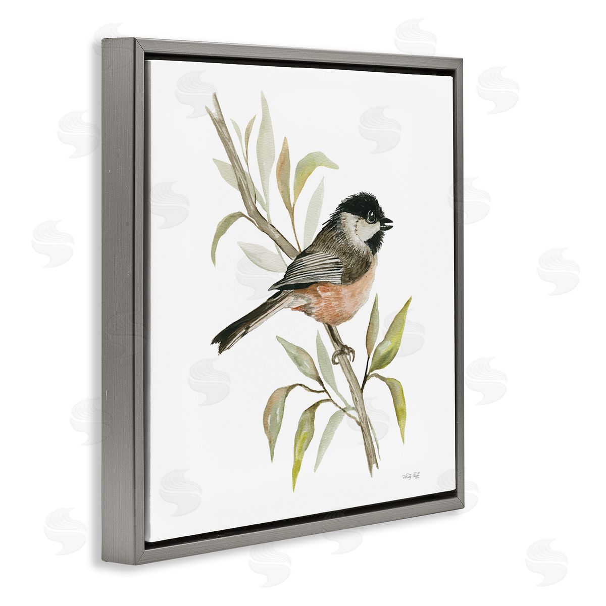 Sparrow on Branch Grey Floating Frame Canvas Wall Art, Home Decor by Cindy Jacobs