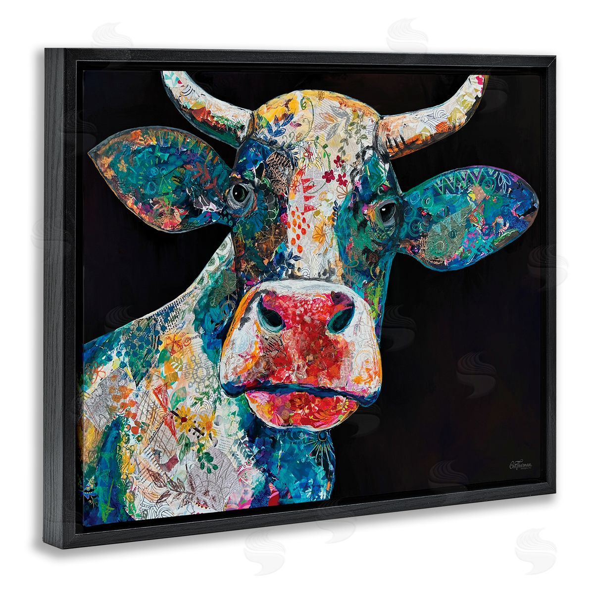 Paisley Pattern Cow Black Floating Frame Canvas Wall Art, Home Decor by Cat Thurman Designs