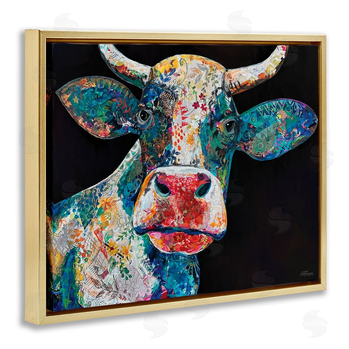 Paisley Pattern Cow Gold Floating Frame Canvas Wall Art, Home Decor by Cat Thurman Designs