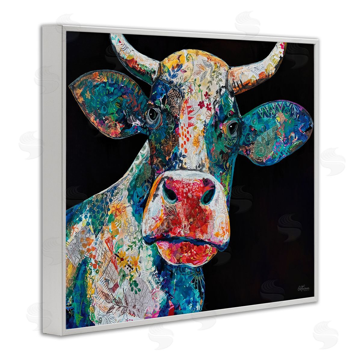 Paisley Pattern Cow White Frame Print Wall Art, Home Decor by Cat Thurman Designs