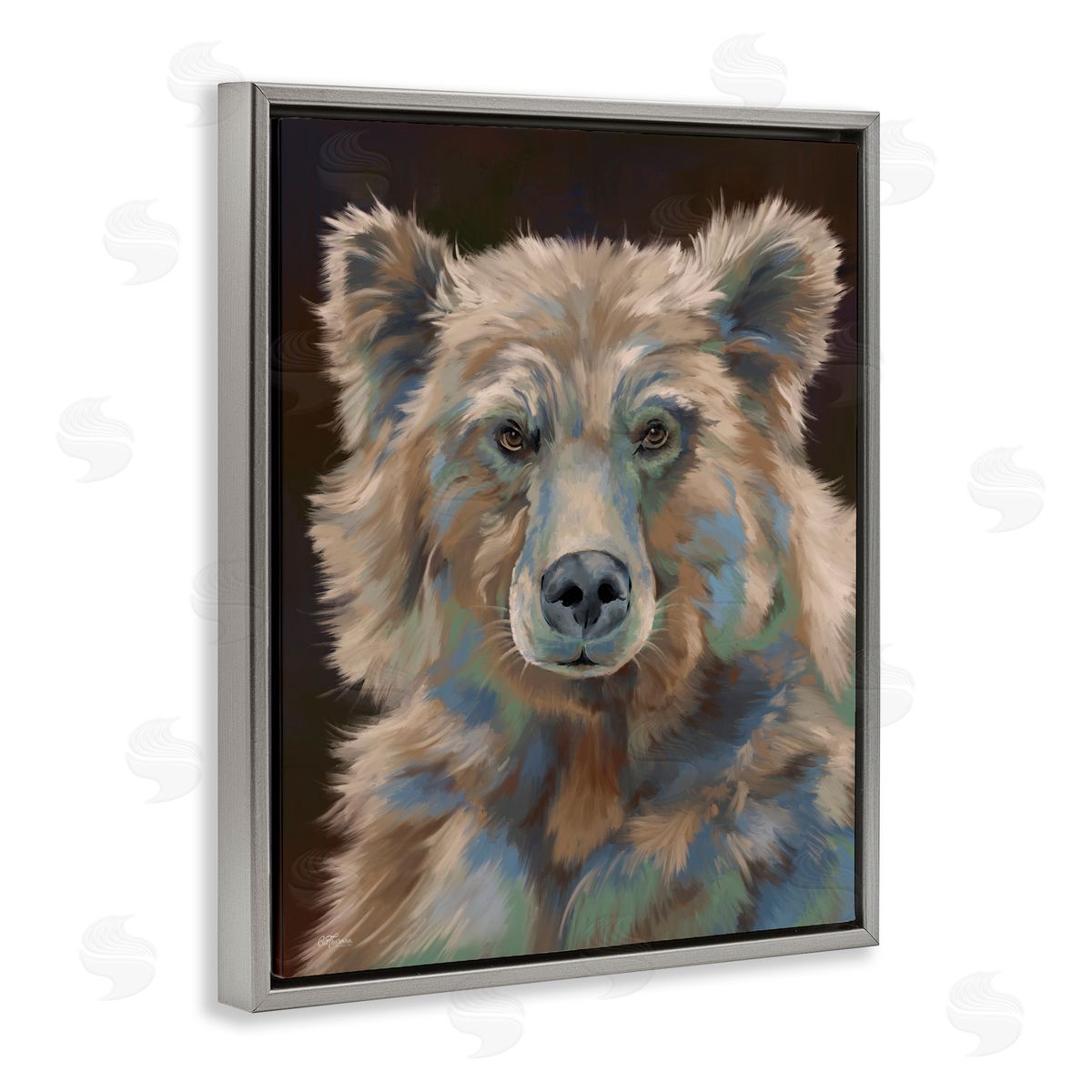 Fluffy Bear Portrait Grey Floating Frame Canvas Wall Art, Home Decor by Cat Thurman Designs
