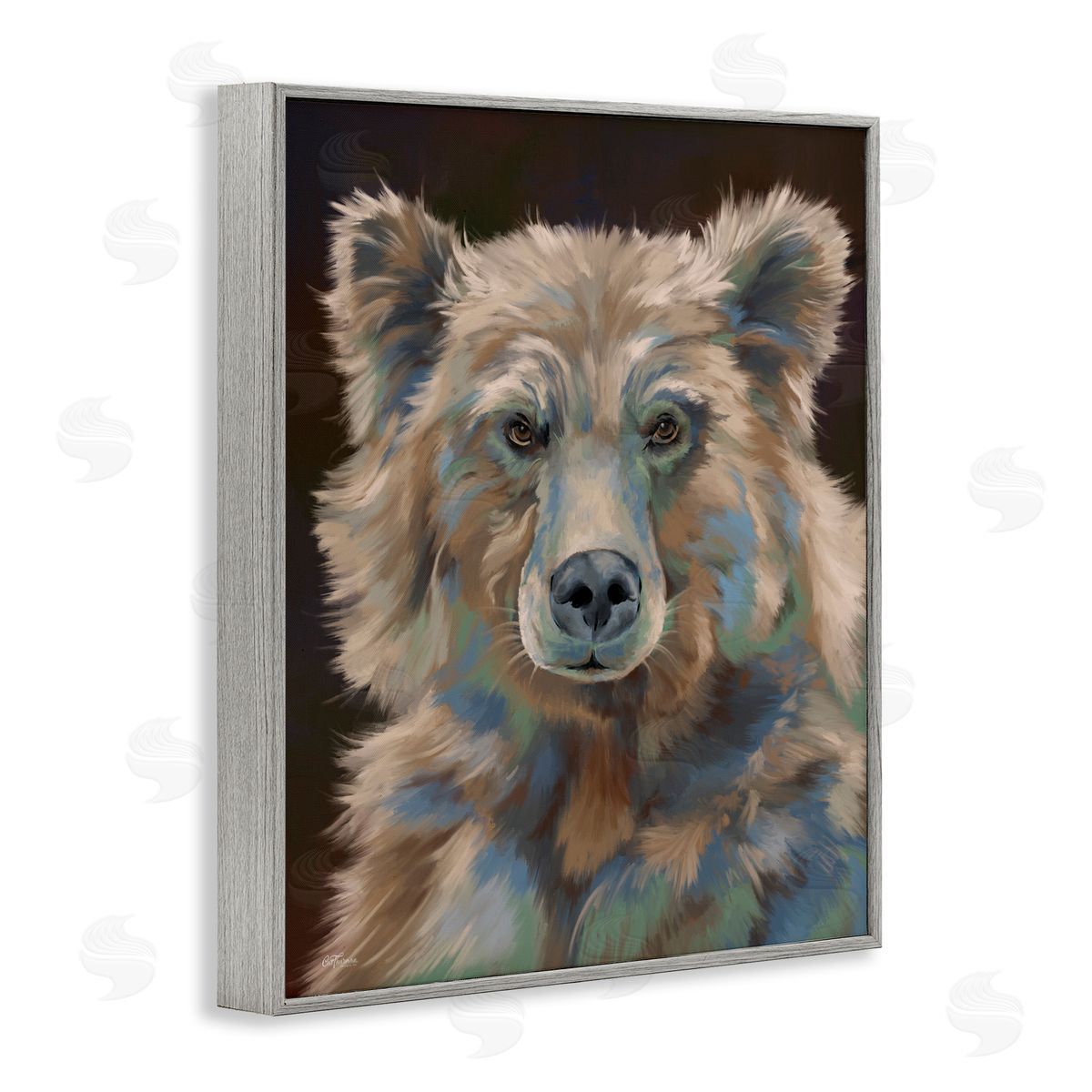 Fluffy Bear Portrait Grey Frame Print Wall Art, Home Decor by Cat Thurman Designs