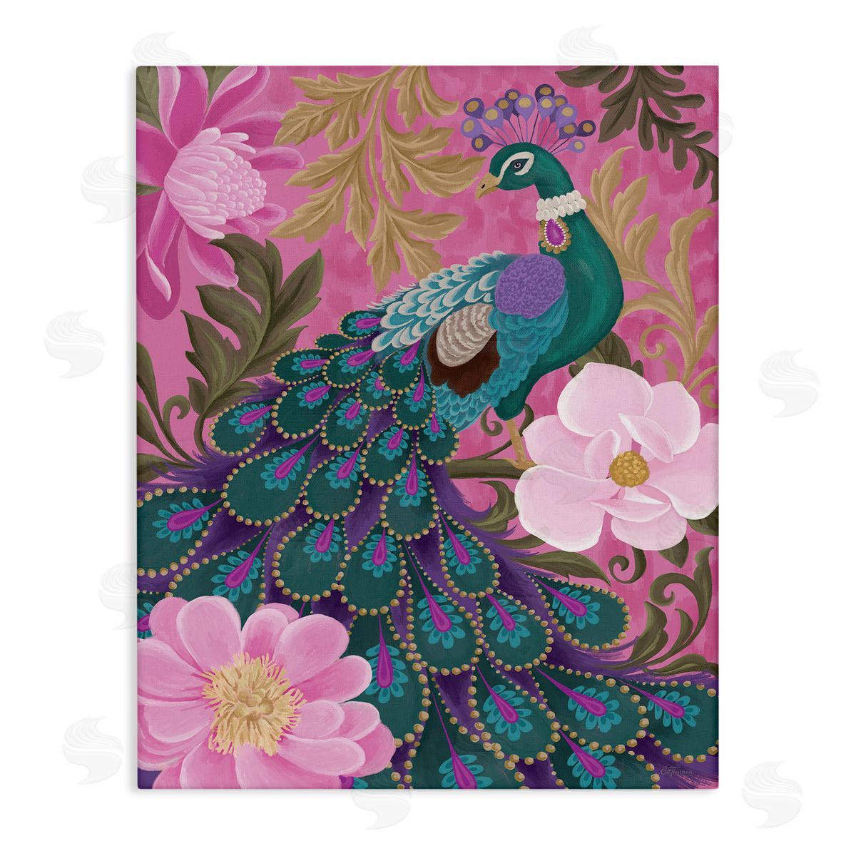Peacock and Pink Blossoms Canvas Wall Art, Home Decor by Cat Thurman Designs