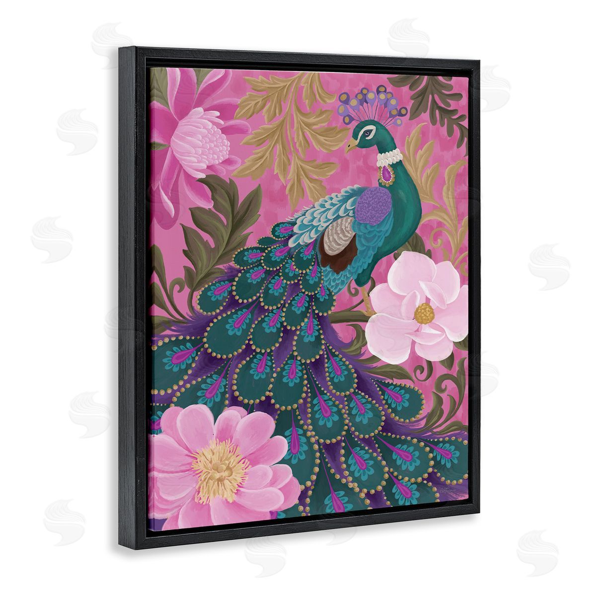 Peacock and Pink Blossoms Black Floating Frame Canvas Wall Art, Home Decor by Cat Thurman Designs