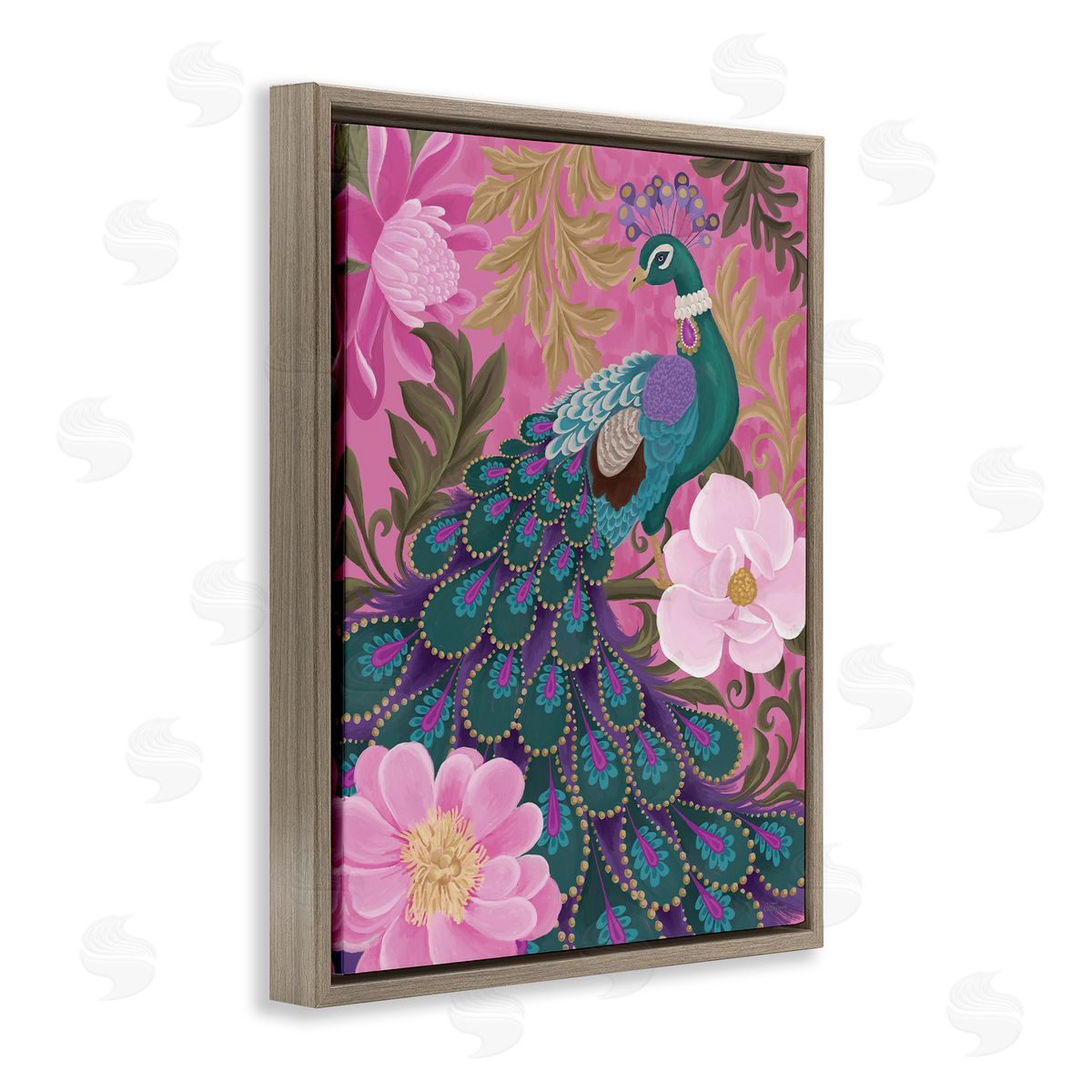 Peacock and Pink Blossoms Brown Floating Frame Canvas Wall Art, Home Decor by Cat Thurman Designs