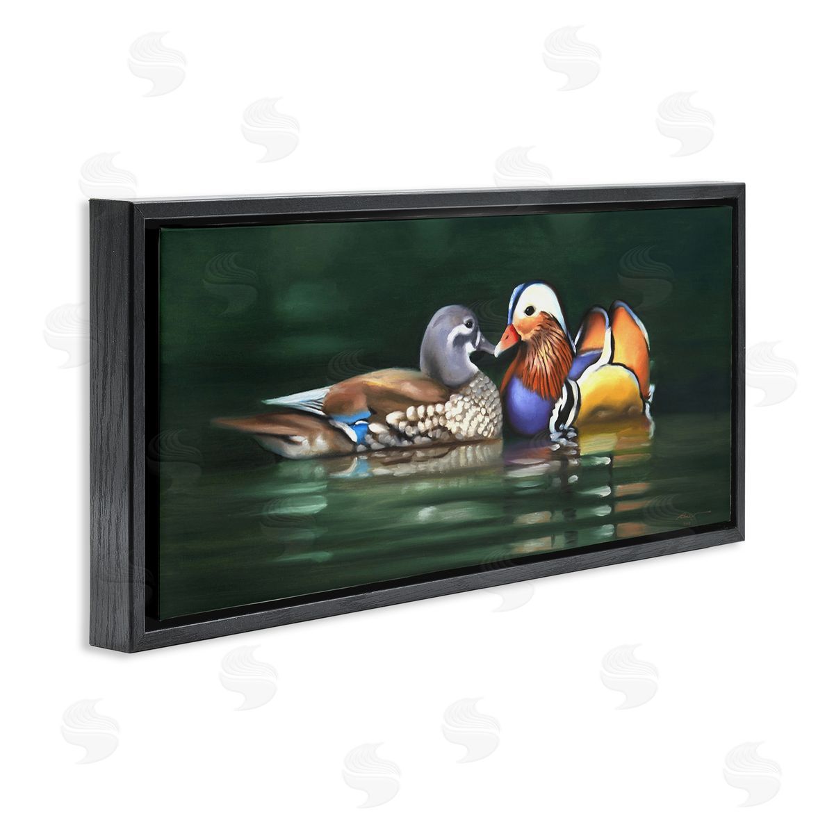 Patterned Birds in Lake Black Floating Frame Canvas Wall Art, Home Decor by D. Rust