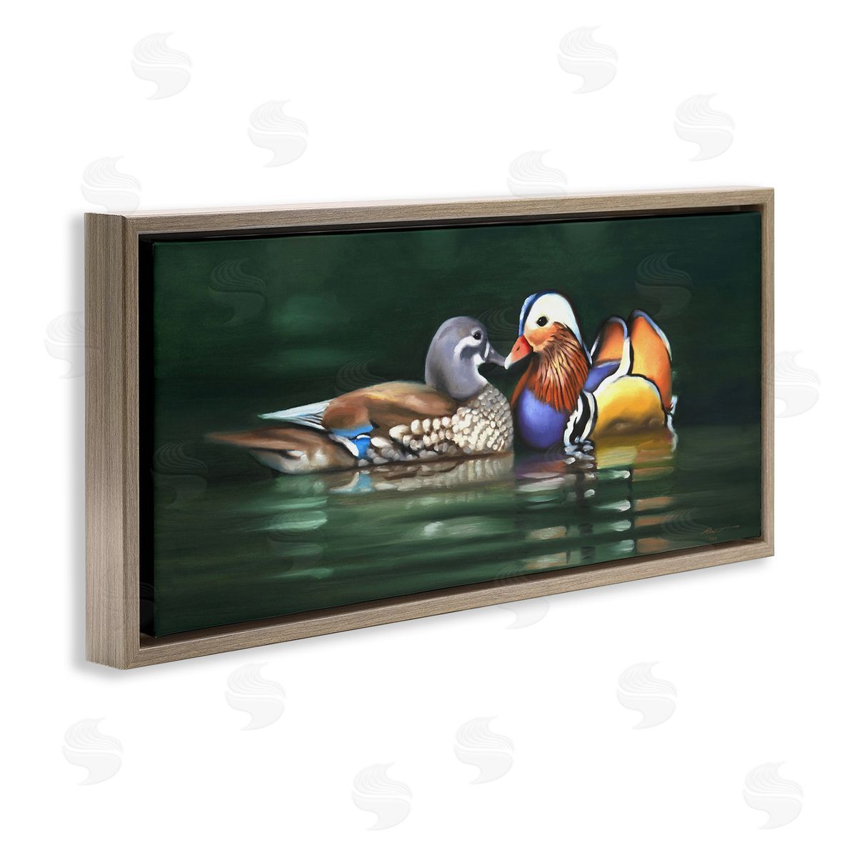Patterned Birds in Lake Brown Floating Frame Canvas Wall Art, Home Decor by D. Rust