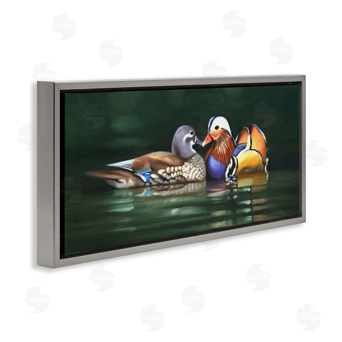 Patterned Birds in Lake Grey Floating Frame Canvas Wall Art, Home Decor by D. Rust