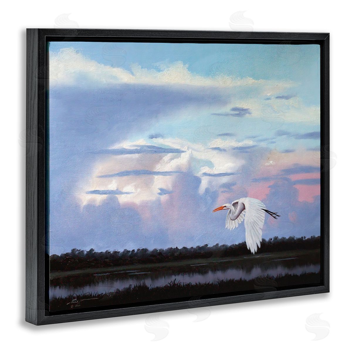 Heron Flying Through Clouds Black Floating Frame Canvas Wall Art, Home Decor by D. Rust