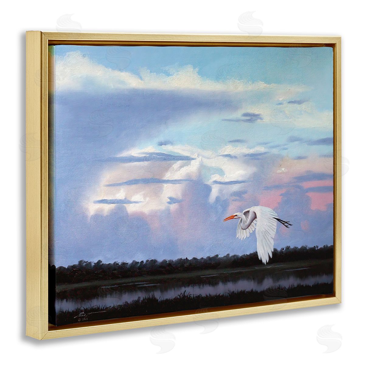 Heron Flying Through Clouds Gold Floating Frame Canvas Wall Art, Home Decor by D. Rust