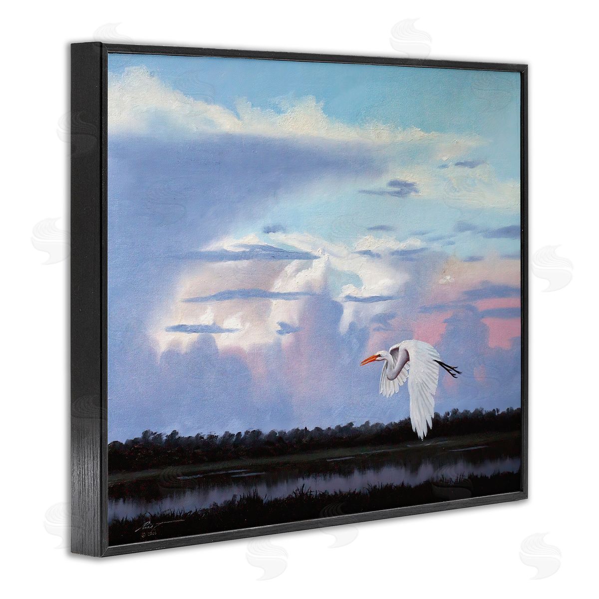 Heron Flying Through Clouds Black Frame Print Wall Art, Home Decor by D. Rust