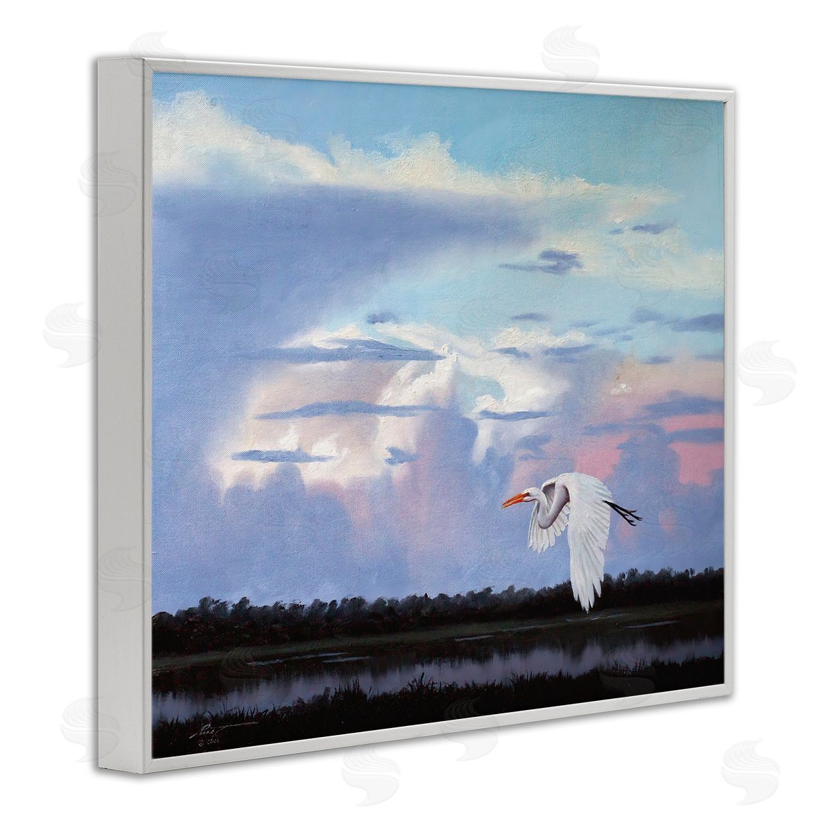 Heron Flying Through Clouds White Frame Print Wall Art, Home Decor by D. Rust