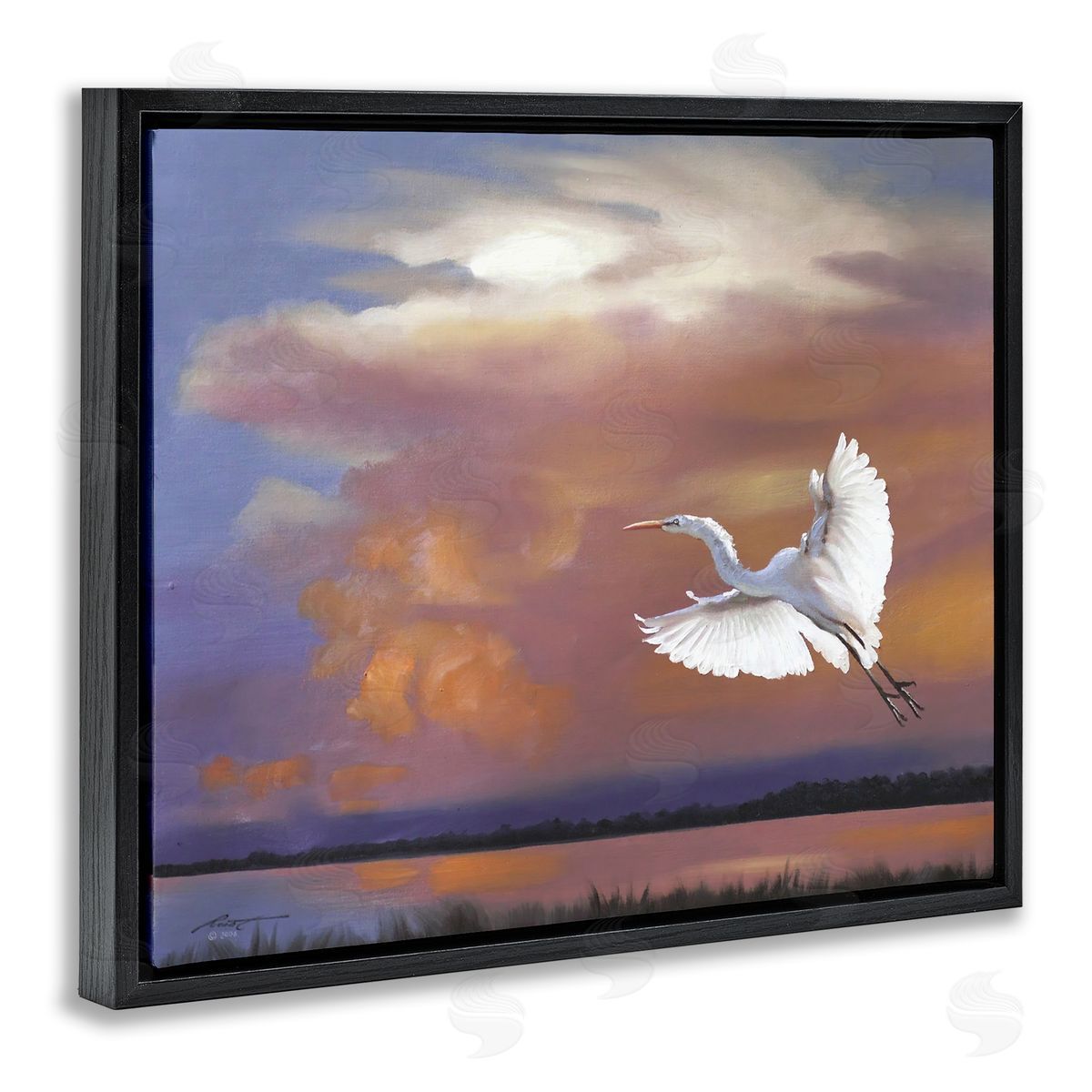 Heron Flying with Sunset Black Floating Frame Canvas Wall Art, Home Decor by D. Rust