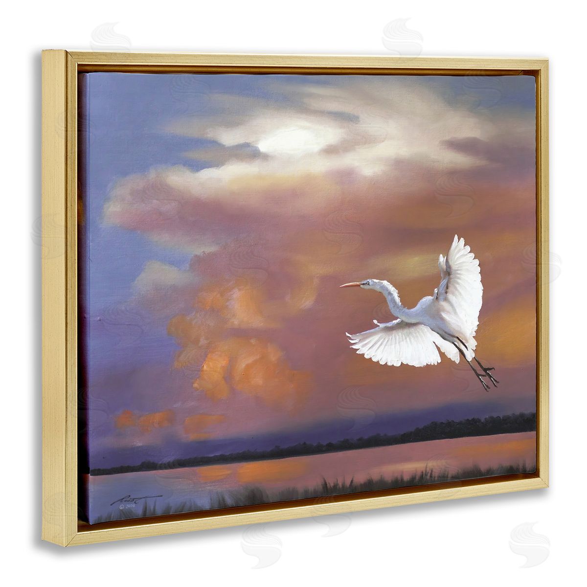 Heron Flying with Sunset Gold Floating Frame Canvas Wall Art, Home Decor by D. Rust