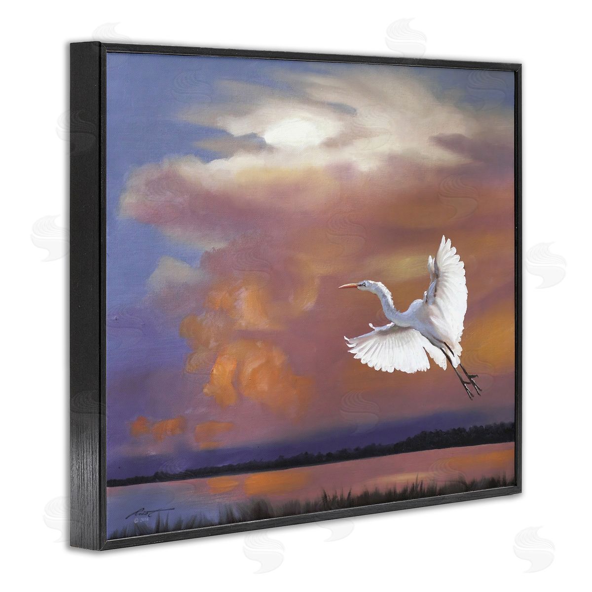 Heron Flying with Sunset Black Frame Print Wall Art, Home Decor by D. Rust