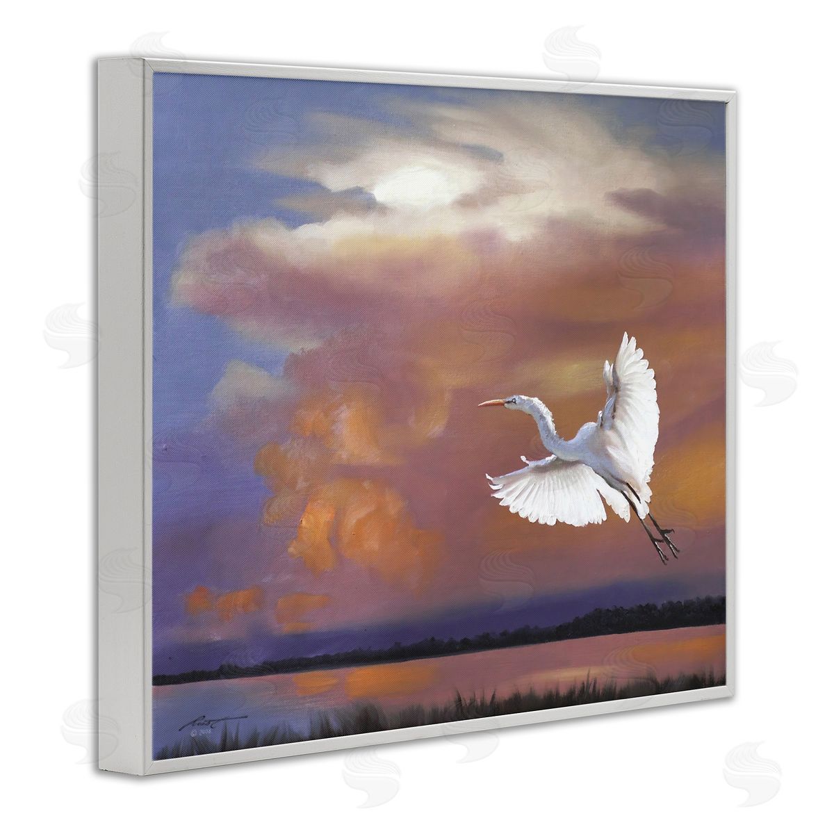 Heron Flying with Sunset White Frame Print Wall Art, Home Decor by D. Rust