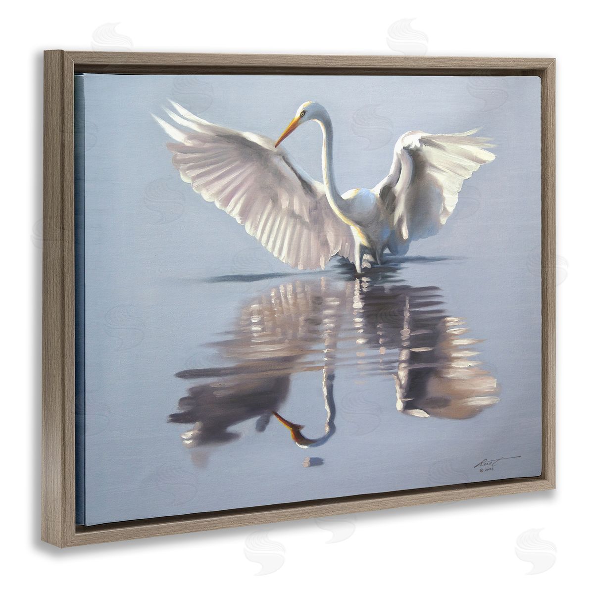 Egret with Beautiful Wingspan Brown Floating Frame Canvas Wall Art, Home Decor by D. Rust