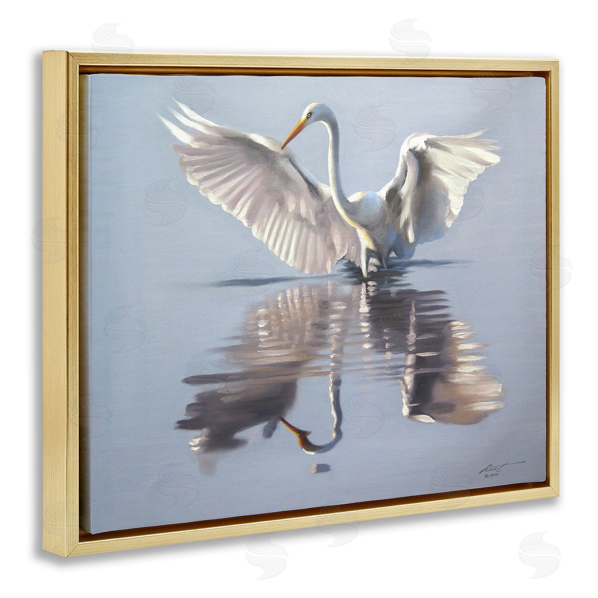 Egret with Beautiful Wingspan Gold Floating Frame Canvas Wall Art, Home Decor by D. Rust