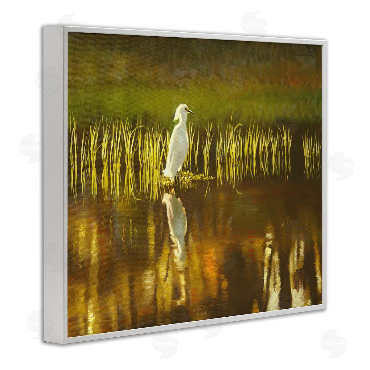 Bird and Lake Botanicals White Frame Print Wall Art, Home Decor by D. Rust