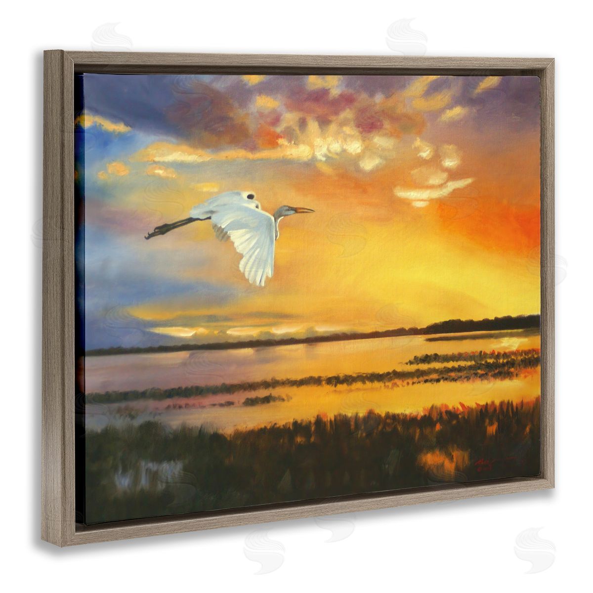 Bird over Sunlit Pond Brown Floating Frame Canvas Wall Art, Home Decor by D. Rust