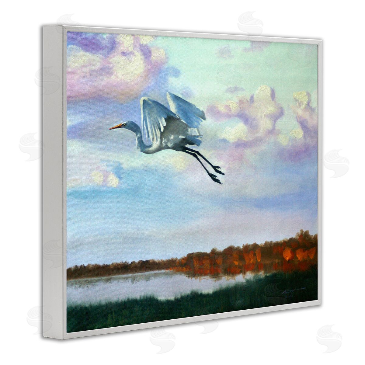 Egret Over Lake Shore White Frame Print Wall Art, Home Decor by D. Rust