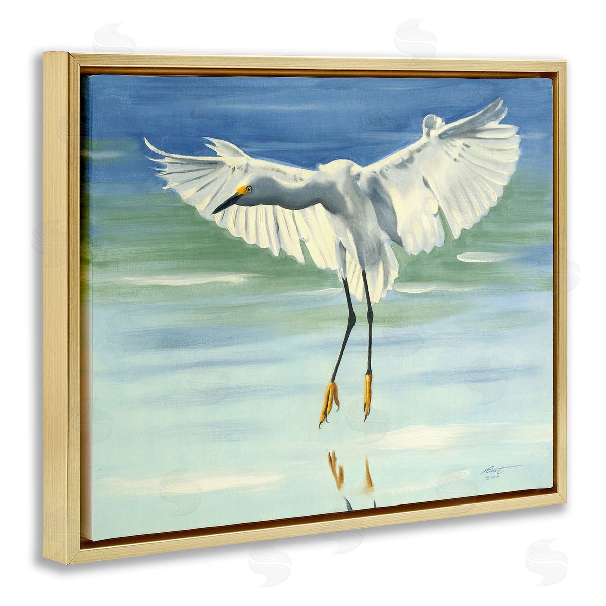 Snowy Egret on Beach Gold Floating Frame Canvas Wall Art, Home Decor by D. Rust