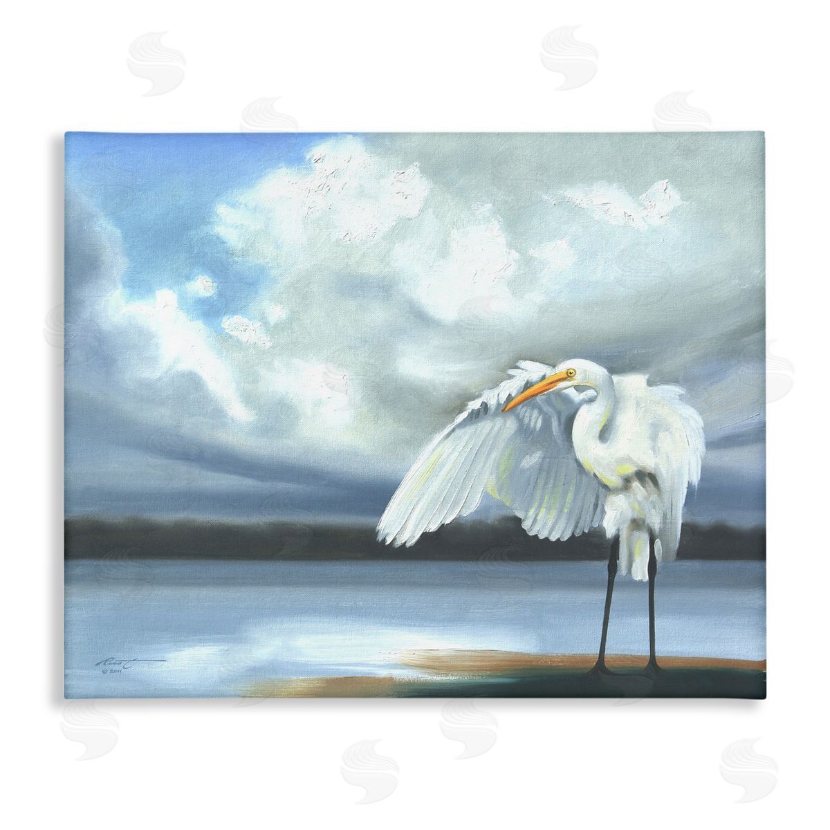 Egret on Cloudy Beach Shore Canvas Wall Art, Home Decor by D. Rust