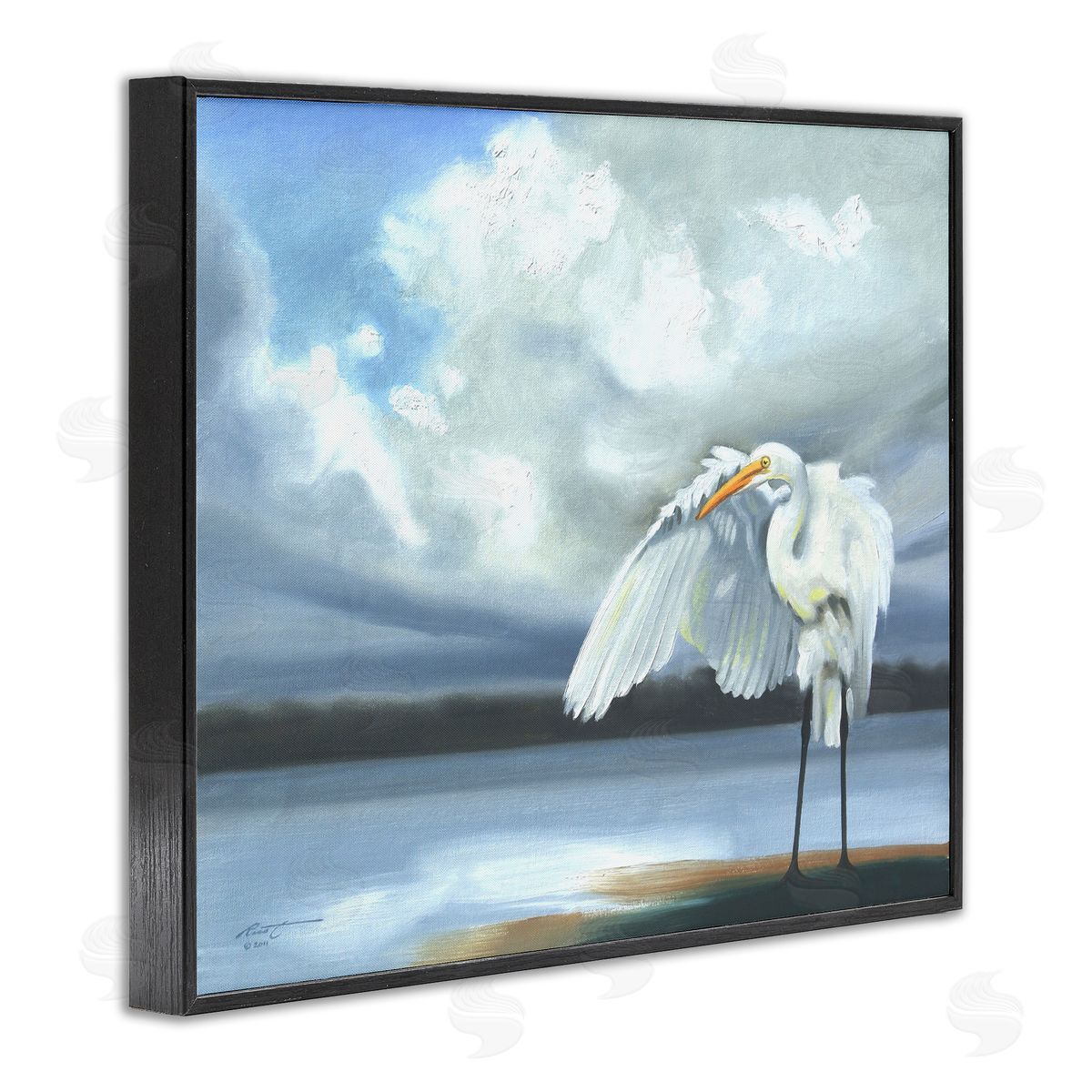 Egret on Cloudy Beach Shore Black Frame Print Wall Art, Home Decor by D. Rust
