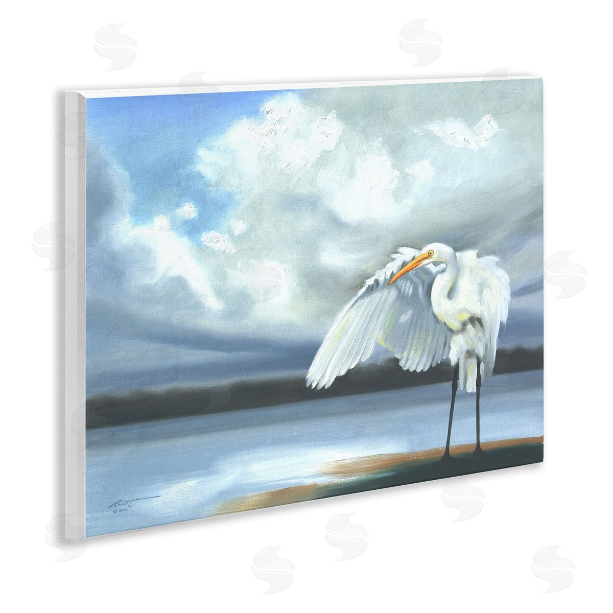 Egret on Cloudy Beach Shore Wood Plaque Wall Art, Home Decor by D. Rust