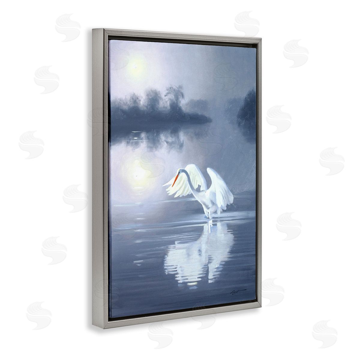 Egret on Stormy Waters Grey Floating Frame Canvas Wall Art, Home Decor by D. Rust