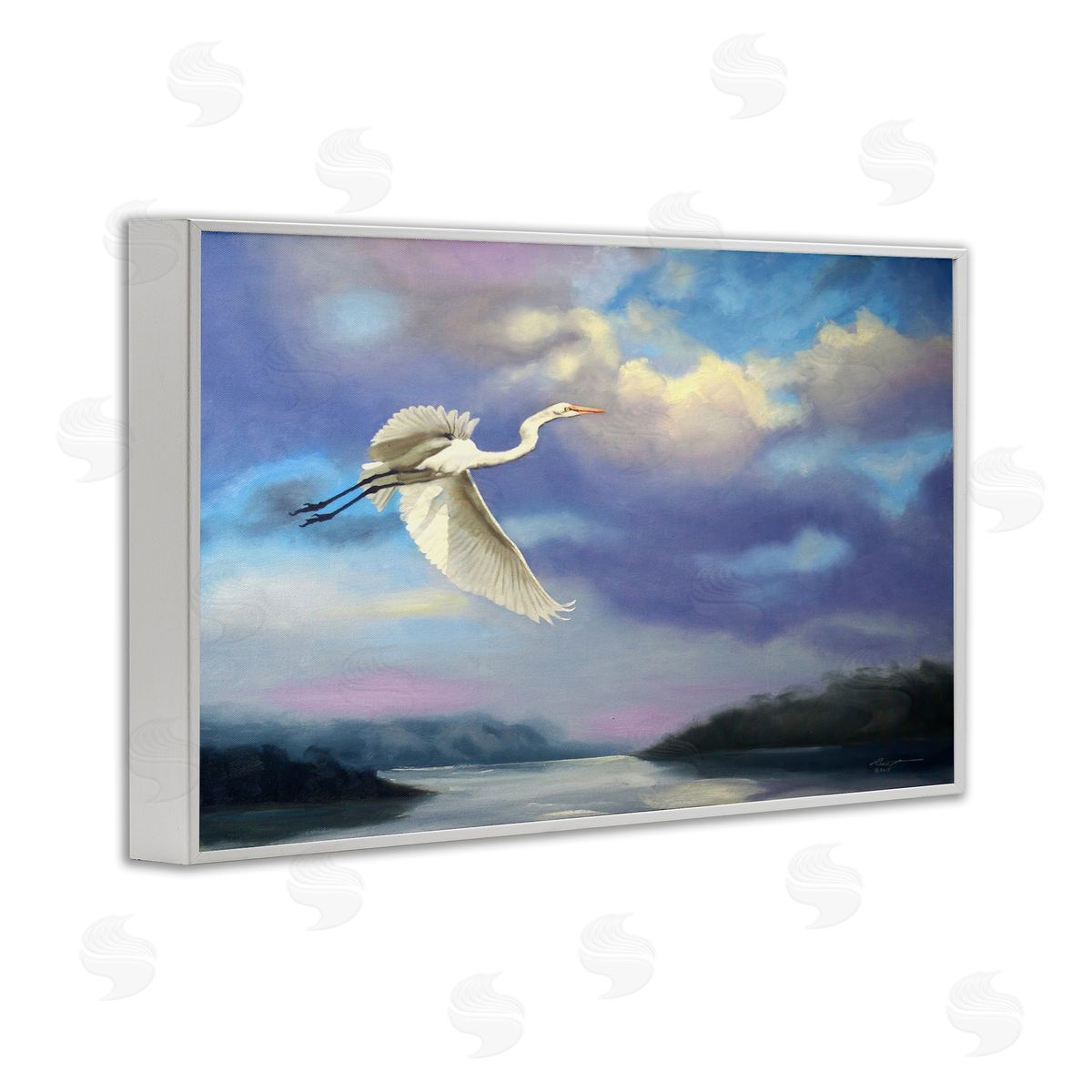 Egret Over Clouds White Frame Print Wall Art, Home Decor by D. Rust