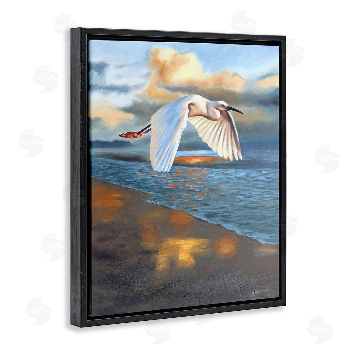 Egret Wingspan over Beach Black Floating Frame Canvas Wall Art, Home Decor by D. Rust