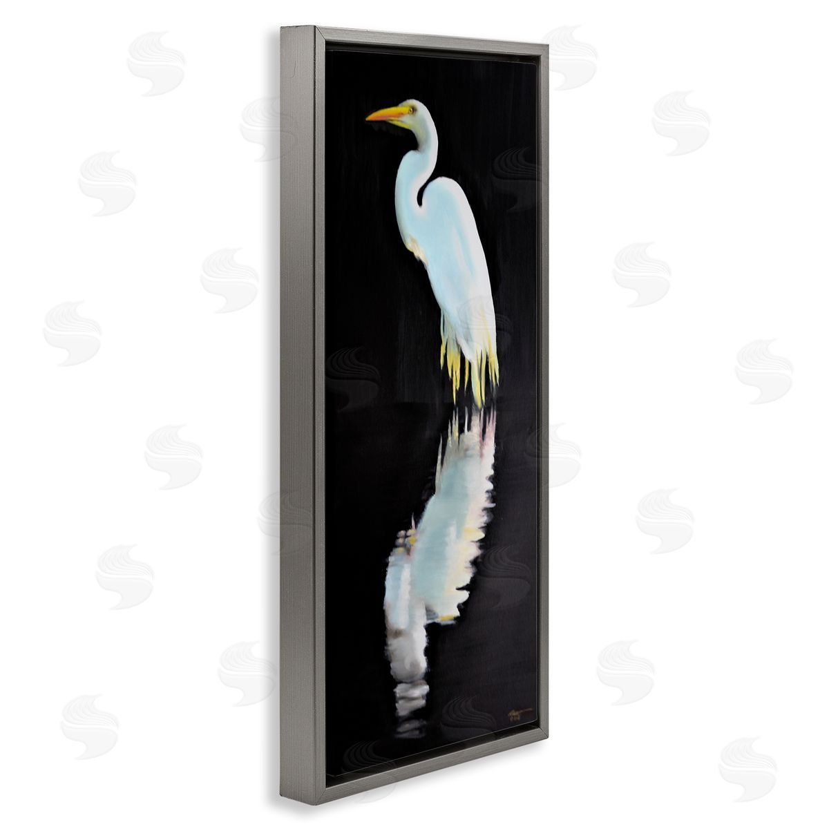 Dark Egret Reflection Grey Floating Frame Canvas Wall Art, Home Decor by D. Rust