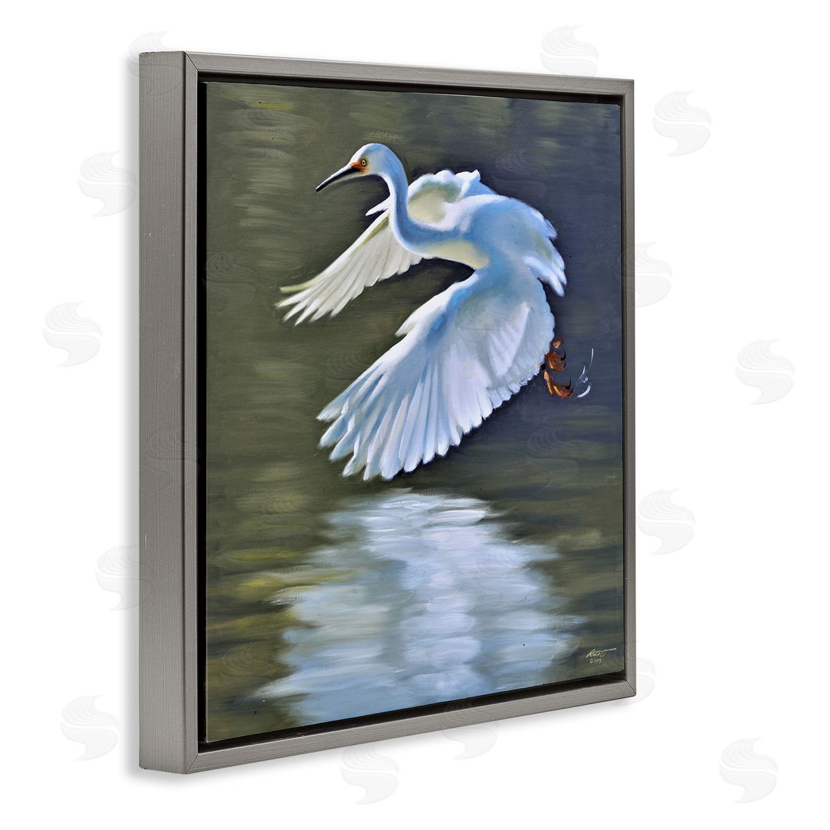 Egret Flying Lake Surface Grey Floating Frame Canvas Wall Art, Home Decor by D. Rust