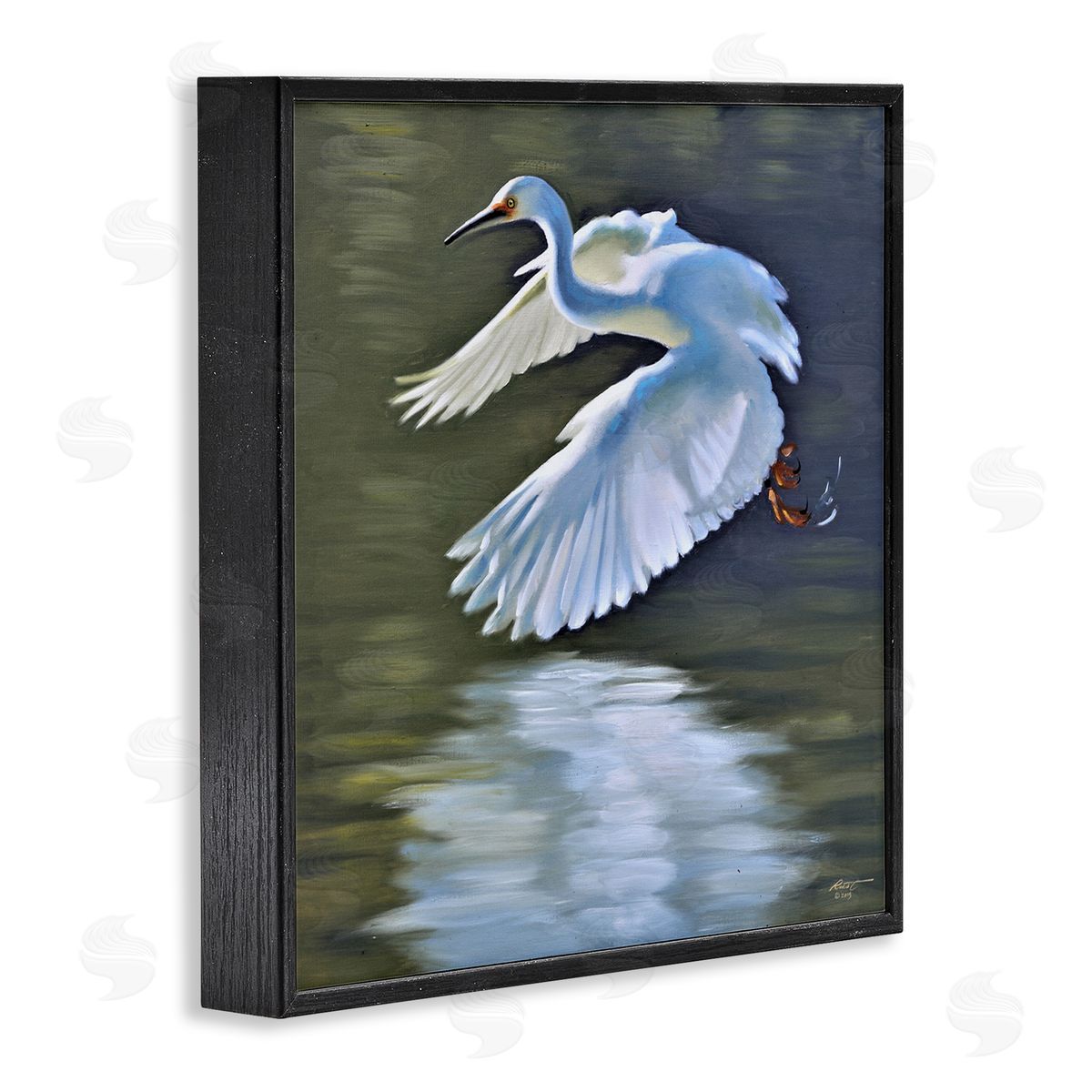 Egret Flying Lake Surface Black Frame Print Wall Art, Home Decor by D. Rust