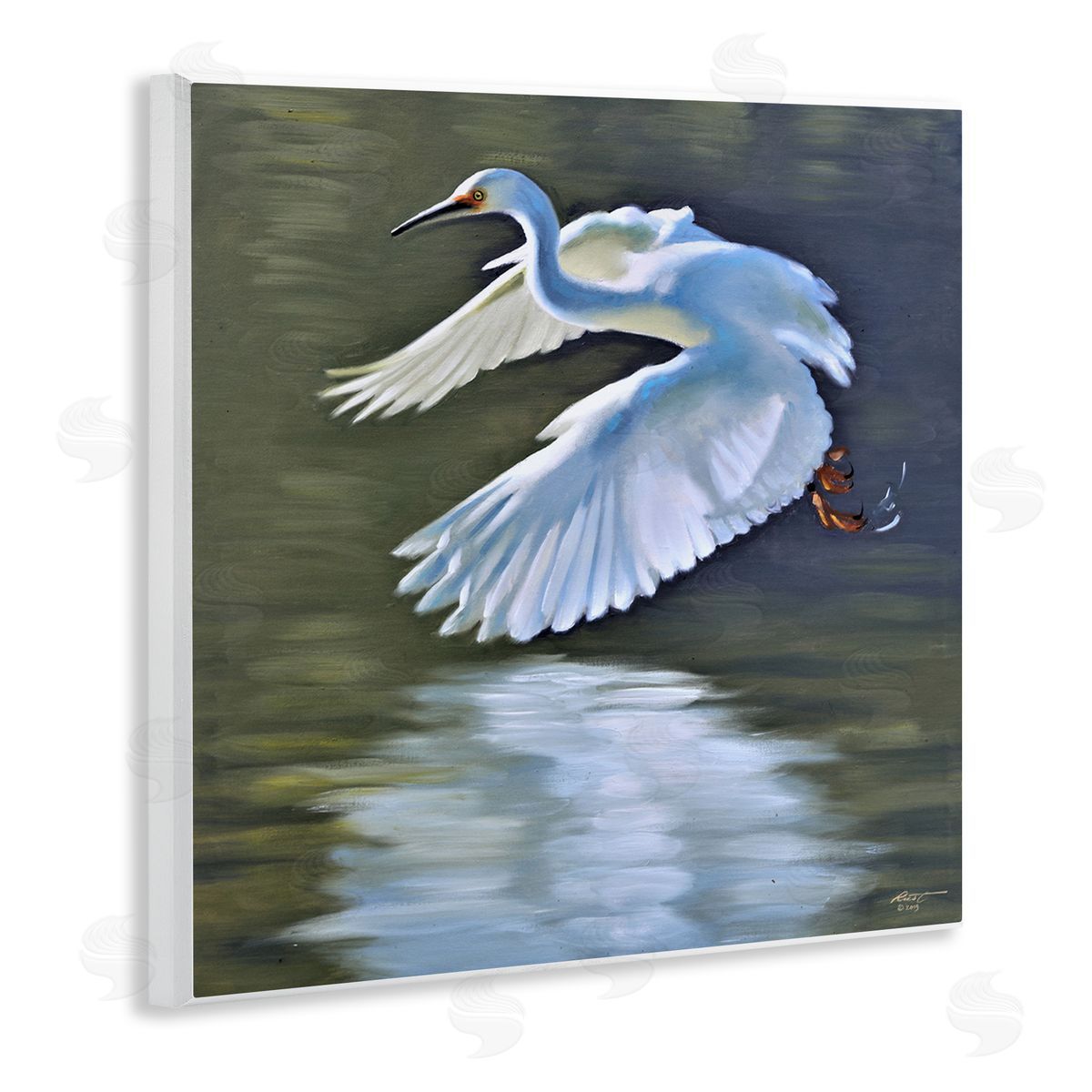 Egret Flying Lake Surface Wood Plaque Wall Art, Home Decor by D. Rust