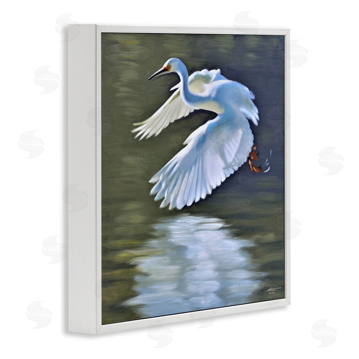 Egret Flying Lake Surface White Frame Print Wall Art, Home Decor by D. Rust