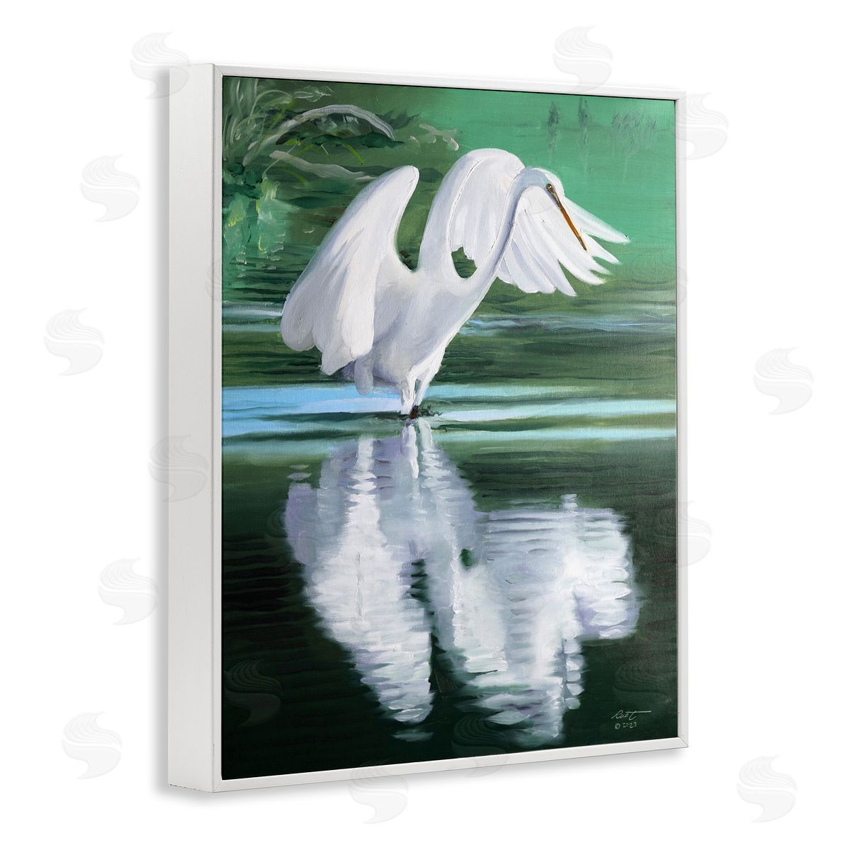 Egret Flapping Wings White Frame Print Wall Art, Home Decor by D. Rust