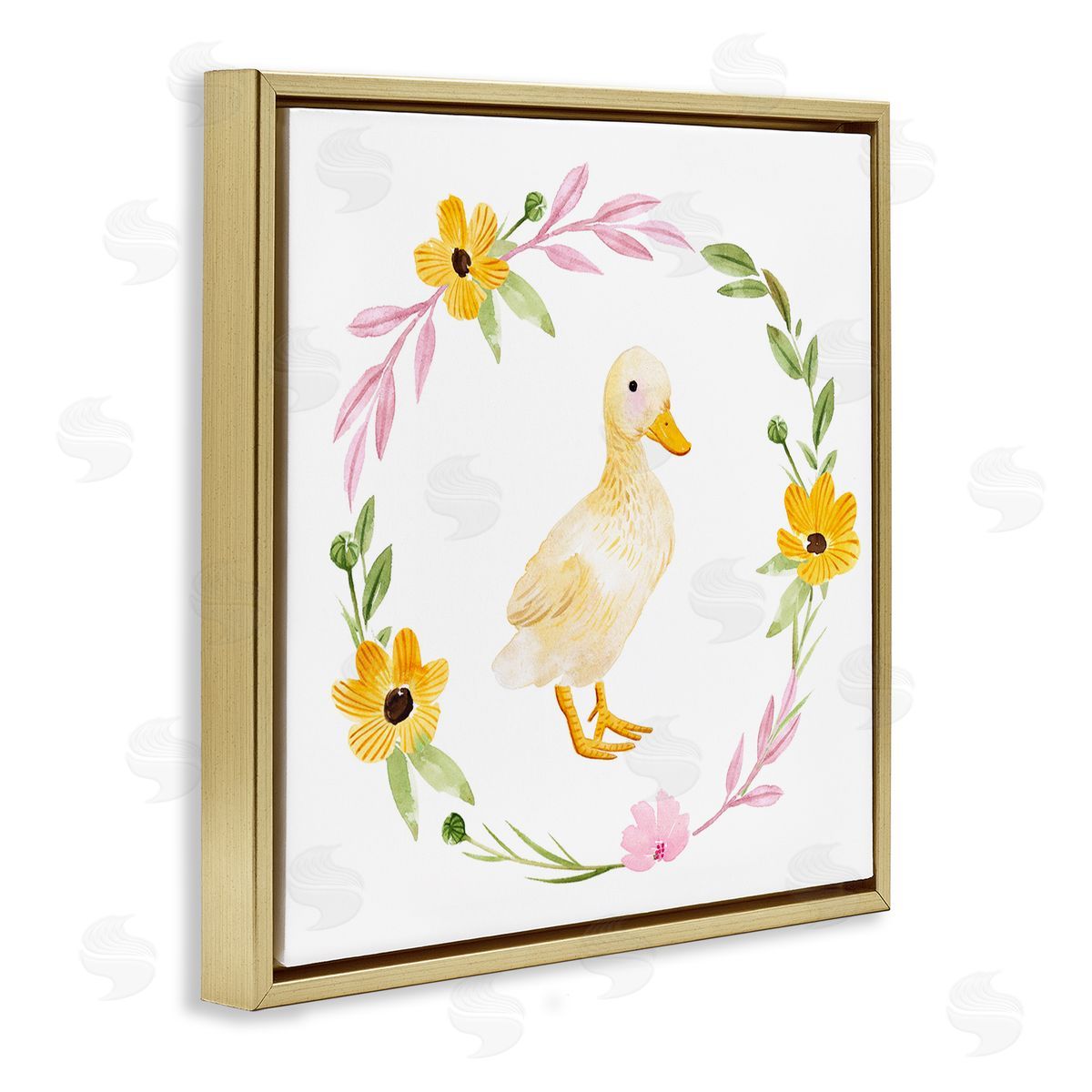Duckling with Daisy Wreath Gold Floating Frame Canvas Wall Art, Home Decor by Enya Todd