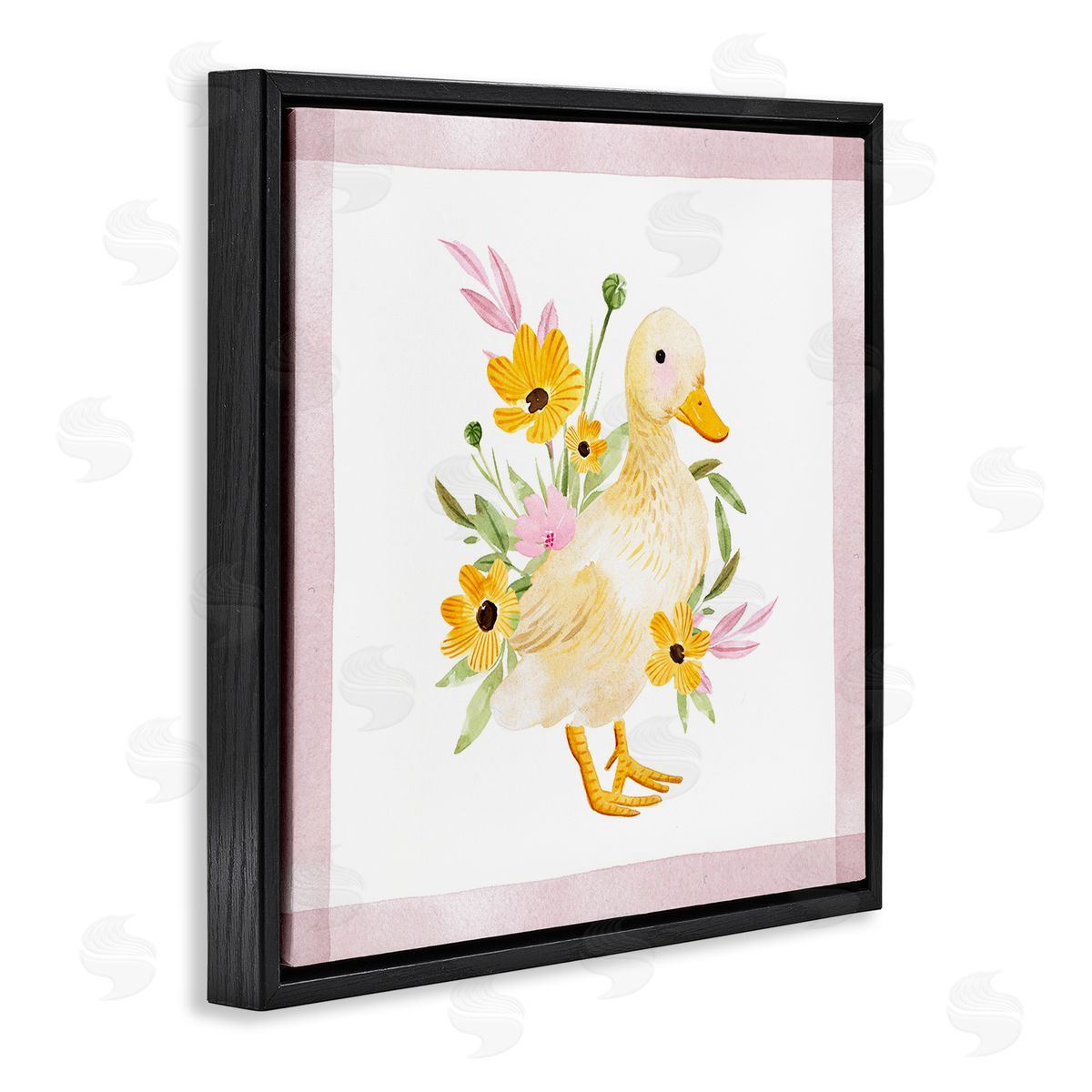 Duck and Yellow Daisies Black Floating Frame Canvas Wall Art, Home Decor by Enya Todd