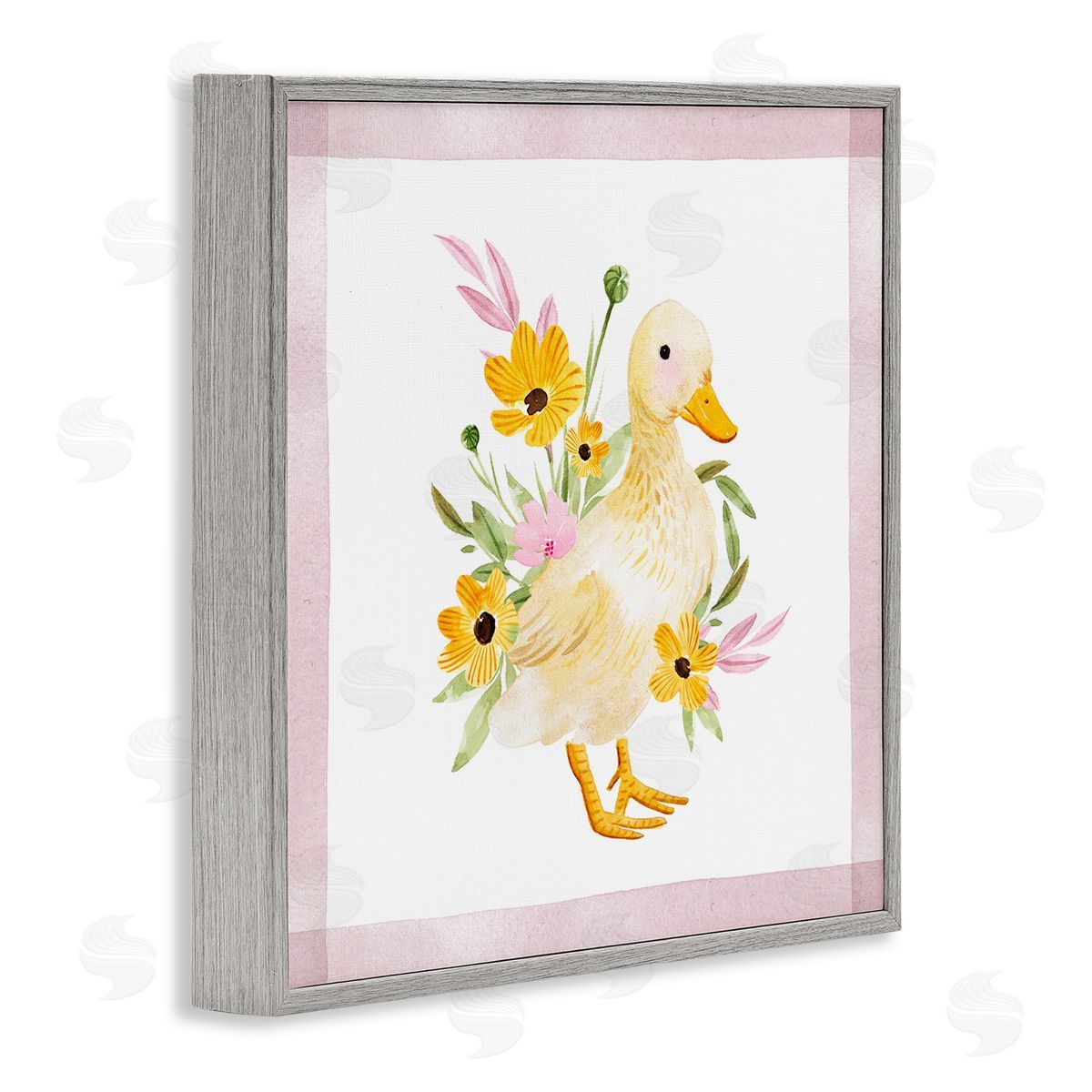 Duck and Yellow Daisies Grey Frame Print Wall Art, Home Decor by Enya Todd