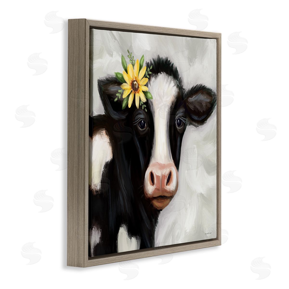 Cow with Yellow Daisy Brown Floating Frame Canvas Wall Art, Home Decor by Elizabeth Tyndall