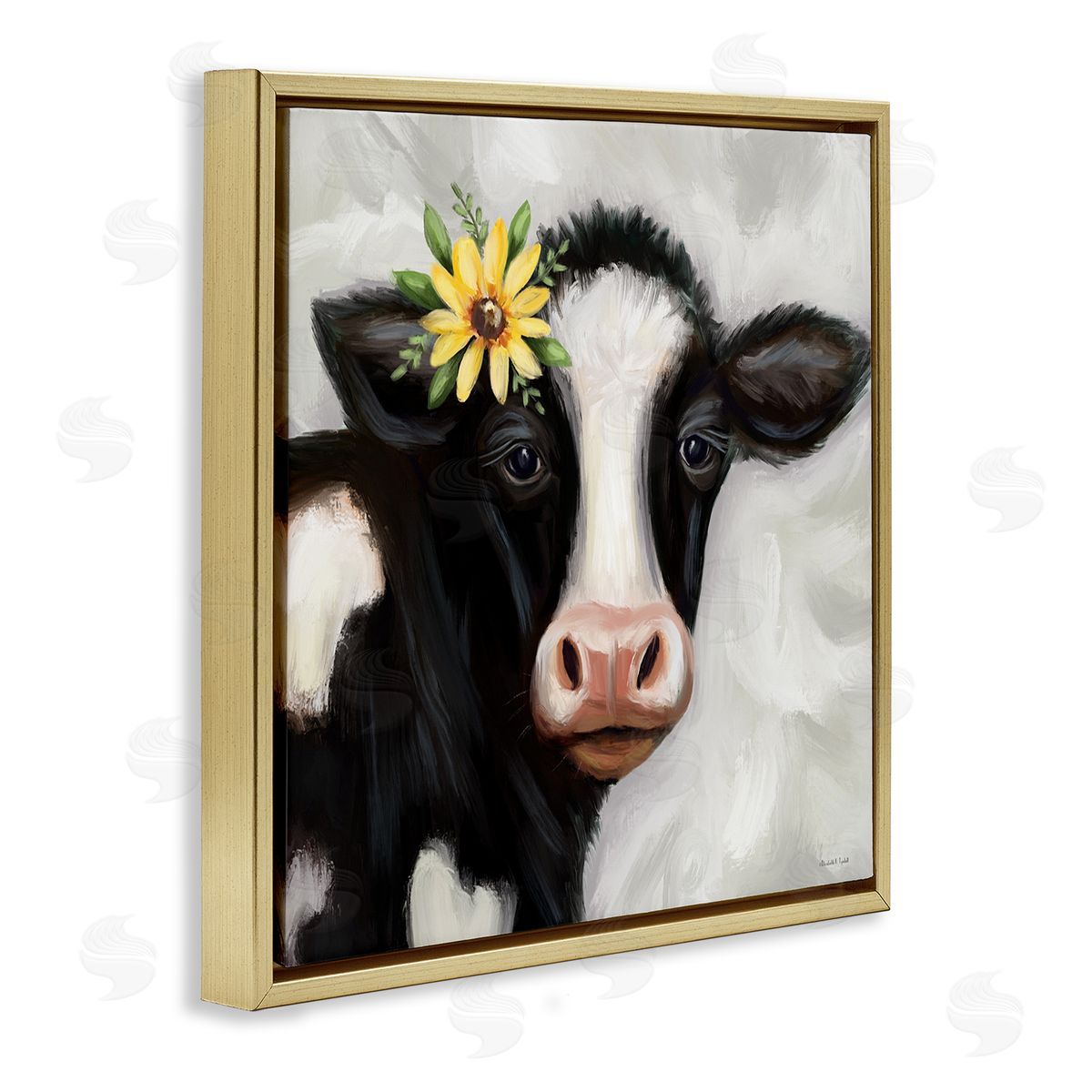 Cow with Yellow Daisy Gold Floating Frame Canvas Wall Art, Home Decor by Elizabeth Tyndall