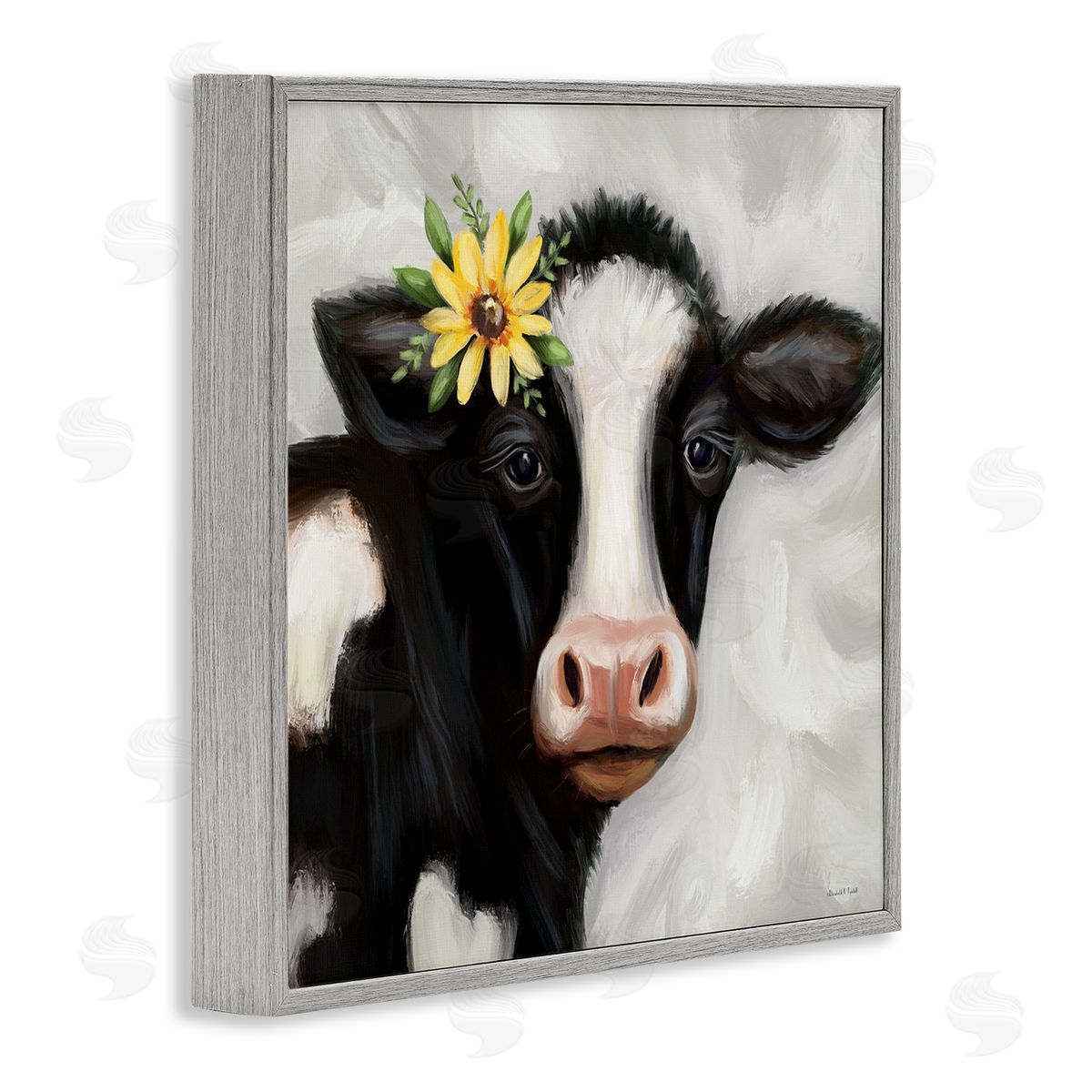 Cow with Yellow Daisy Grey Frame Print Wall Art, Home Decor by Elizabeth Tyndall
